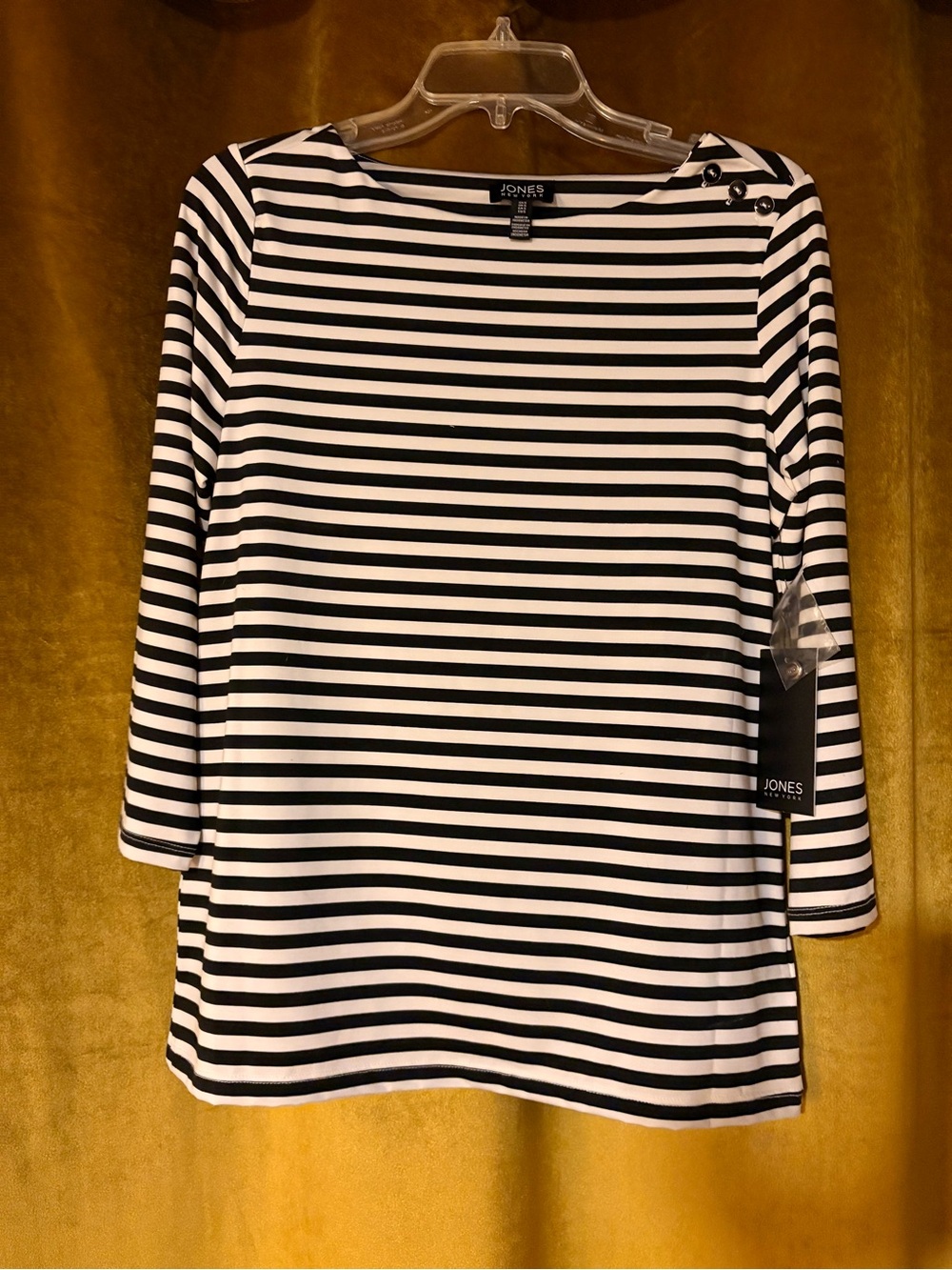 Jones New York Black and White Striped Boatneck Top with Shoulder Buttons